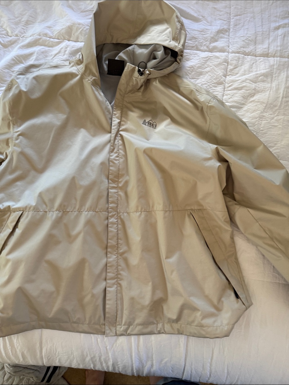 REI Men's Hooded Raincoat in Beige